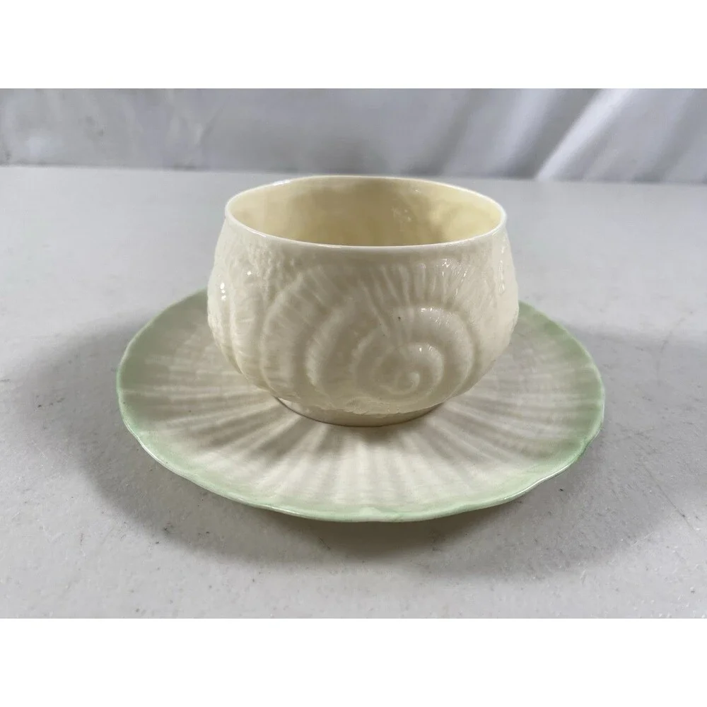 Antique Belleek Black Mark Green Mark Green Porcelain Cup & Saucer #771